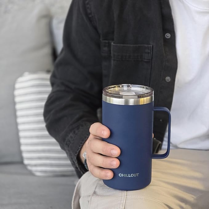 CHILLOUT LIFE Stainless Steel Vacuum Insulated Coffee Mug 20 oz (Set of 2) with Handle and Lid, Large Thermal Camping Coffee Mugs with Sliding Lid for Men & Women, Keeps Your Beverages Hot & Cold