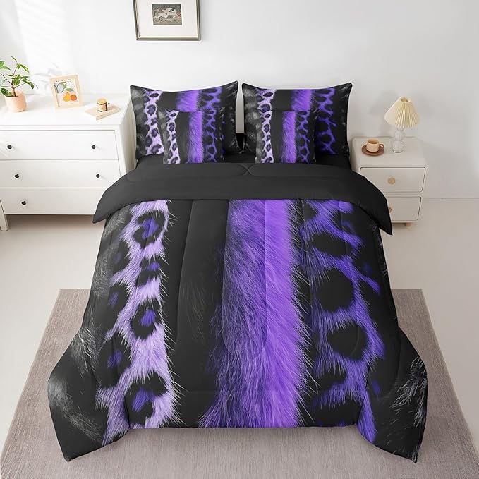 jejeloiu 3D Purple Leopard 7 Piece Bedding Set King Size Adult Leopard Comforter Set with Sheets for Boys Girls Animal Print Bed in a Bag Wild Animal Fur Bed Set