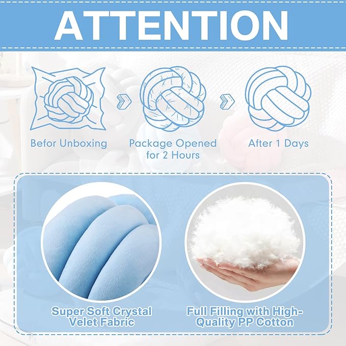 Namalu 2 Pieces Knot Ball Pillows Round Plush Aesthetic Cushion Pillows Soft Stress Relieving Cute Decorative Knotted Pillows for Kids Bed Sofa Bedroom Decor (Sky Blue, 7.87 Inches)