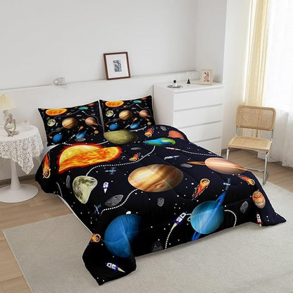 Erosebridal Solar System Comforter Set King,Astronomy Planets Bedding Set for Kids Boys Girls,Outer Space Theme Down Comforter Bedroom Decor,Rocket Starry Sky Quilted Duvet with 2 Pillowcases