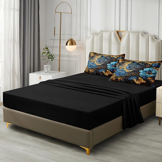 Black Gold Comforter Set Leopard Animal Bedding Set Blue Floral Brown Leopard Print Black and Blue Comforter Forest Theme Vintage Retro Black Bed in A Bag King