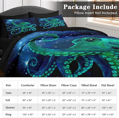 Comforter Set Queen Size, Blue Octopus Sea 7 Pcs Bedding for Kids and Adults, Space Colorful Star Bed Sheet Sets with Fitted Sheet 2 Pillowcases & 2 Shams for Bedroom Bed Decor