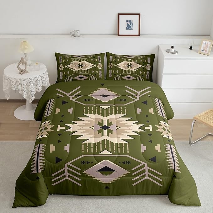 American Tribal Comforter Set King Size Southwest Cowboy Style Bedding Set 3pcs Retro Green Microfiber Quilt Set for Kids Teens Boys Women Room Decor Geometric Arrow Duvet Insert,2 Pillowcases