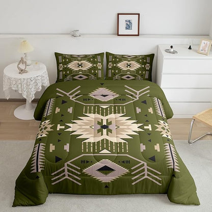 American Tribal Bedding Set Twin Size Southwest Cowboy Style Comforter Set 2pcs Retro Green Microfiber Quilt Set for Kids Teens Boys Women Room Decor Geometric Arrow Duvet Insert,1 Pillowcase