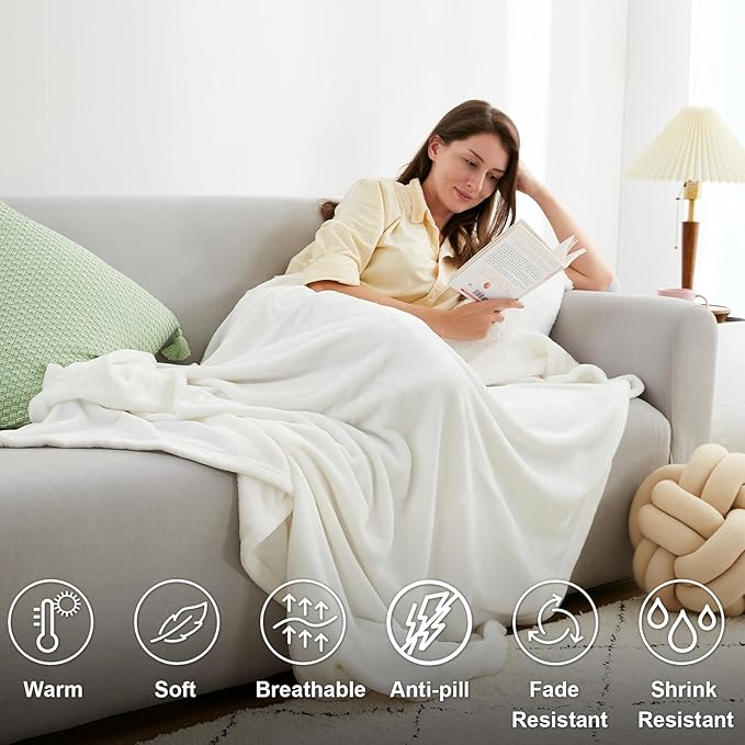 Hansleep Flannel Fleece Throw Blanket Twin Size, Super Soft Fluffy Bed Plush Blanket Throw, Luxury Fuzzy Cozy Couch Blanket for All Seasons, White, Twin 60x80