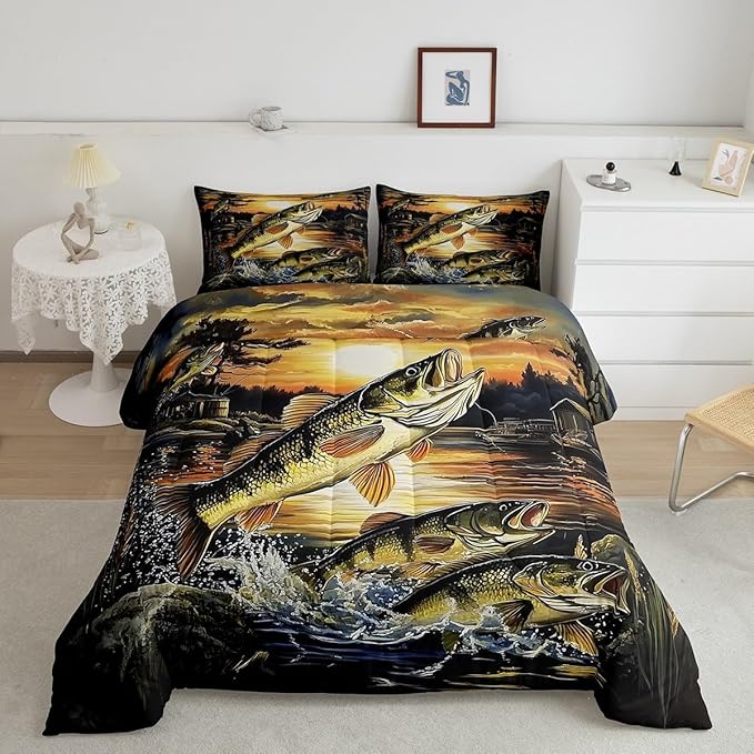 Erosebridal Big Pike Fish King Bedding Set,Bass Fishing Theme Comforter Set for Kids Boys Men,Vintage Lake House Comforter,Rustic Cabin Lodge Bedroom Room Decor,2 Pillowcases Lightweight