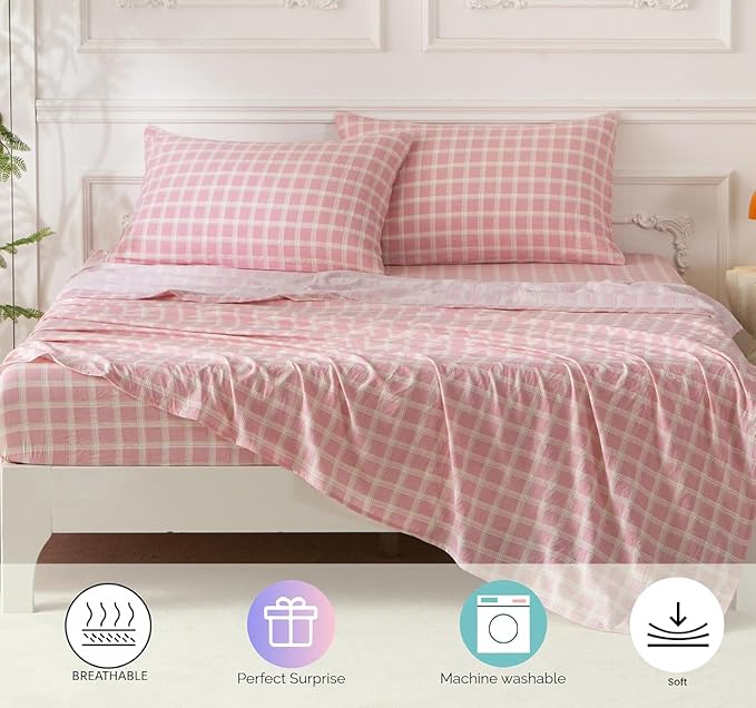 SDY 7PCS Pink Plaid Comforter and Sheet Set Full Size, Super Soft Microfiber Gingam Bed in A Bag Includes 1*Comforter,1* Flat Sheet, 1*Fitted Sheet,2*Pillowcases and 2*PillowcaseShams