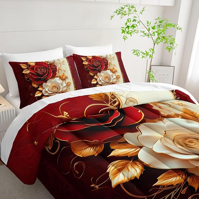 Red Rose Comforter Set Queen 7 Piece，Red Rose Bedding Sets Queen，(1 Comforter, 1 Flat Sheet, 1 Fitted Sheet, 2 Pillowcase and 2 Pillow Sham)