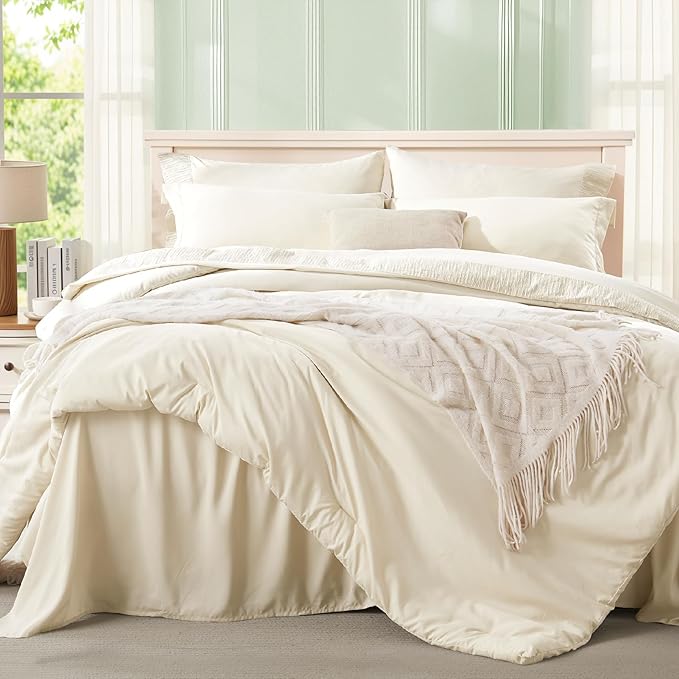 Anluoer Cream Full Comforter Set 7 Pieces, Bed in a Bag with Sheets, All Season Bedding Sets with 1 Comforter, 2 Pillow Shams, 2 Pillowcases, 1 Flat Sheet, 1 Fitted Sheet
