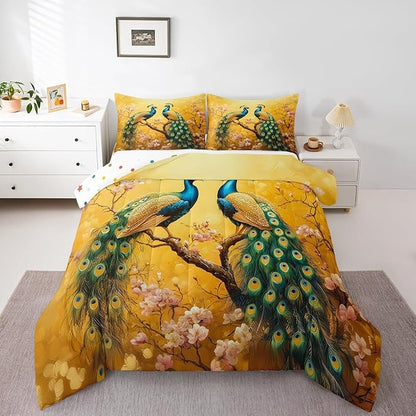 Peacock Twin Size Comforter Sets for Kids Boys Girls,Elegant Colorful Birds Bedding Sets Youth Men Bedroom Decor,Romantic Cherry Tree 2 Pieces Quilt Set,Exotic Feather Duvet Insert,Soft Fluffy