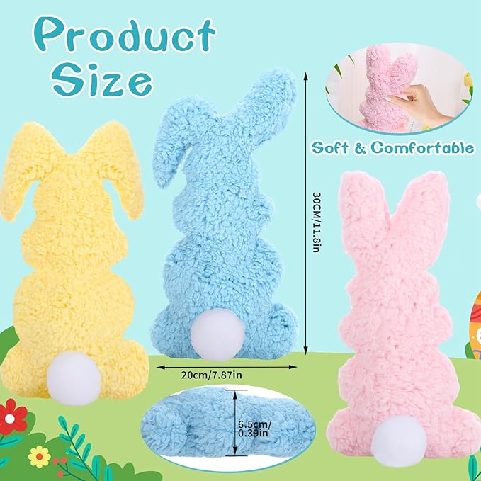 3 Pcs Easter Buuny Throw Pillows, 11.8 Inch Soft Rabbit Shaped Pillow Cushion Plush Happy Easter Decorative Pillow for Couch Bed (Pink, Yellow, Blue)