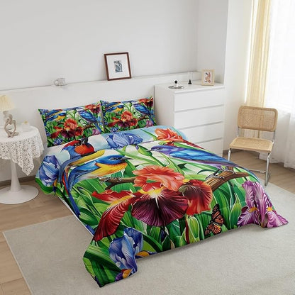 Erosebridal Floral Hummingbird Comforter Set King,Rustic Farmhouse Flowers Bedding Set Retro Watercolor Colorful Irises Bed Comforter Set for Kids Adults,Country Garden Style Quilt Duvet