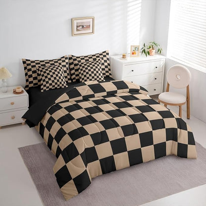 Feelyou Checkered Retro Comforter Set with Sheets 7 Piece Twin Size Brown Plaid Bed in a Bag Kids Boys Girls Geometric Vintage Bedding Set Modern Simple Groovy Aesthetic Bedroom Decor Breathable Soft