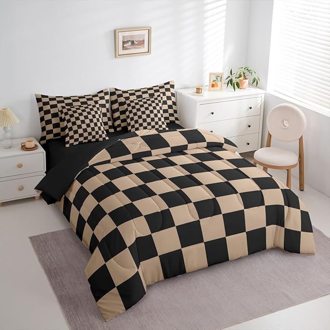 Checkered Retro Comforter Set with Sheets 7 Piece Full Size Brown Plaid Bed in a Bag Kids Boys Girls Geometric Vintage Bedding Set Modern Simple Groovy Aesthetic Bedroom Decor Breathable Soft
