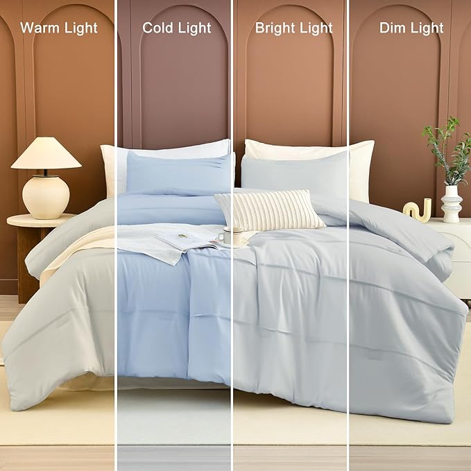 Masaca Oversized King Comforter 120x120,3 Pieces Pinch Pleated Bedding Comforter,Light Blue Rustic Boho Cal King Bed Comforter Oversized Lightweight and Soft