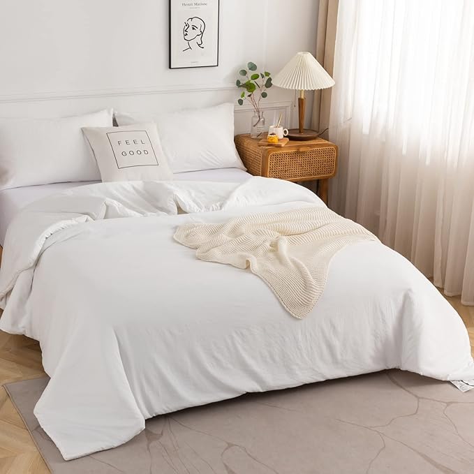 COTTEBED White Comforter King Size Set Bed, Luxury Hotel Super Soft Fluffy Washed Cotton, 1 Down Comforter 2 Pillowsham, Lightweight Modern Solid Bedding Collection All Season (White,King/Cal King)