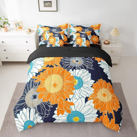 Feelyou Flower Comforter Set Queen Size 7 Pieces Daisy Bedding Set for All Season Botanical Floral Print Rustic Farmhouse Country Bed in a Bag with Comforter, Sheets, Pillowcases & Cushion Cover