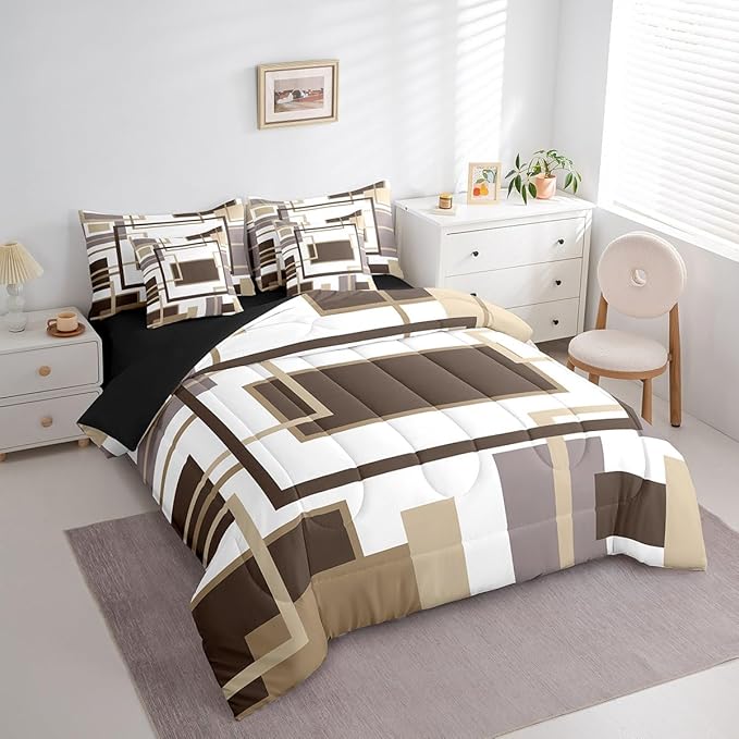 Erosebridal 7Pcs Khaki Square Geometric Comforter Set Queen,Minimalist Striped Abstract Bed in A Bag for Women Men Adults,Modern Aesthetic Art Quilt Set with Pillowcases,Geometric Stripes Bedding