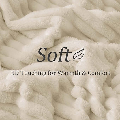 BEDELITE Full Size Blanket for Bed, 300GSM Soft & Warm Fleece Beige Blanket, Decorative and Giftable Striped Blankets for Women, Men, 84"x90"