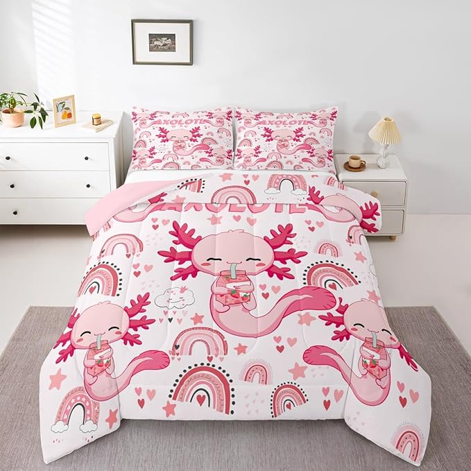 Manfei Cute Axolotl Kids Comforter Set Queen Size,Stars Rainbow Cartoon Bedding Set,Girls Boys Adults Room Decor,Strawberry Love Heart Romantic Down Comforter,Pink Kawaii Duvet Insert,2 Pillowcases