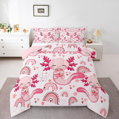 Manfei Cute Axolotl Kids Comforter Set Full Size,Stars Rainbow Cartoon Bedding Set,Girls Boys Adults Room Decor,Strawberry Love Heart Romantic Down Comforter,Pink Kawaii Duvet Insert,2 Pillowcases