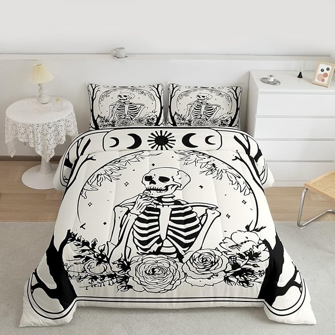 Erosebridal Halloween Gothic Skull Comforter Set Queen, Goth Skeleton Bedding Set for Kids Teens Youth Women Men Vintage Halloween Decor, Gothic Floral Comforter, Sun and Moon Quilt