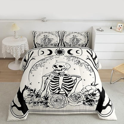 Erosebridal Halloween Gothic Skull Comforter Set Queen, Goth Skeleton Bedding Set for Kids Teens Youth Women Men Vintage Halloween Decor, Gothic Floral Comforter, Sun and Moon Quilt