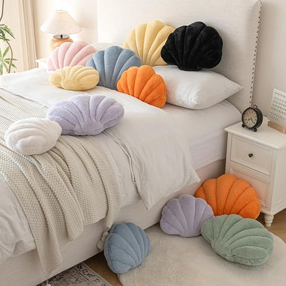Shell Pillow, Seashell Throw Pillow with Soft Rabbit Plush for Couch Bed, Shell Shaped Decorative Ocean Pillow Stylish Beach Cushion Room Aesthetic Home Decor (Orange, 14 X 11 Inches)
