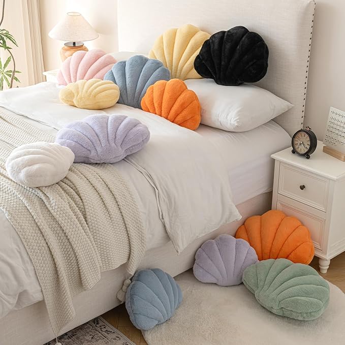 Shell Pillow, Seashell Throw Pillow with Soft Rabbit Plush for Couch Bed, Shell Shaped Decorative Ocean Pillow Stylish Beach Cushion Room Aesthetic Home Decor (Orange, 18 X 13 Inches)