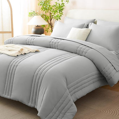 CozyLux Queen Comforter Set - 7 Pieces Bed in a Bag Light Grey Comforter Set with Sheets Luxury Bed Set All Seasons, Soft Bedding Set with Down Alternative Comforter, Sheets, Pillowcases & Shams