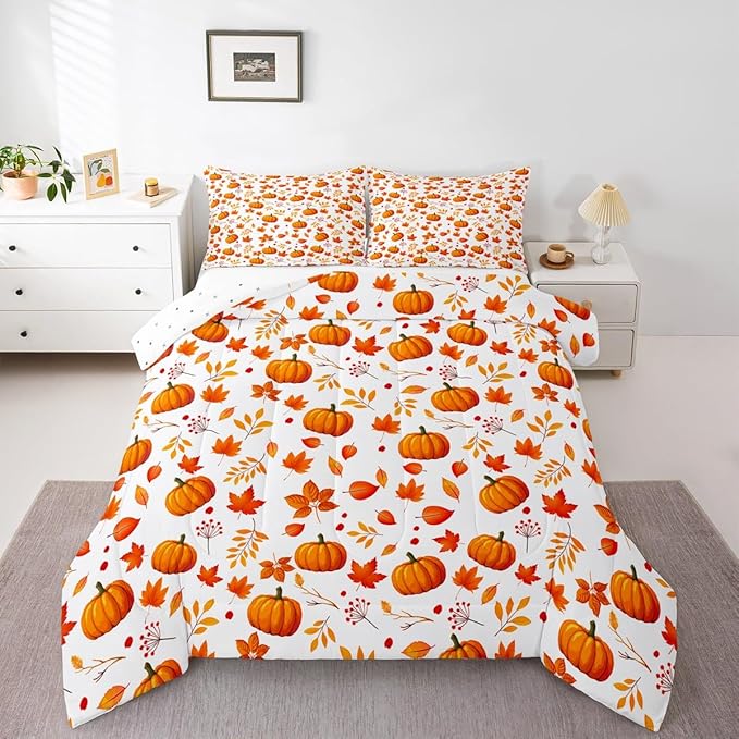Happy Fall Comforter Set - Pumpkin & Maple Leaves Bedding Quilted Comforter - Thanksgiving Gifts for Kids - 2 Pcs