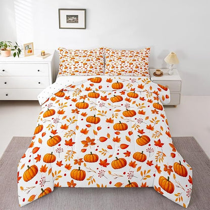 Happy Fall Comforter Set - Pumpkin & Maple Leaves Bedding Quilted Comforter - Thanksgiving Gifts for Kids - 2 Pcs