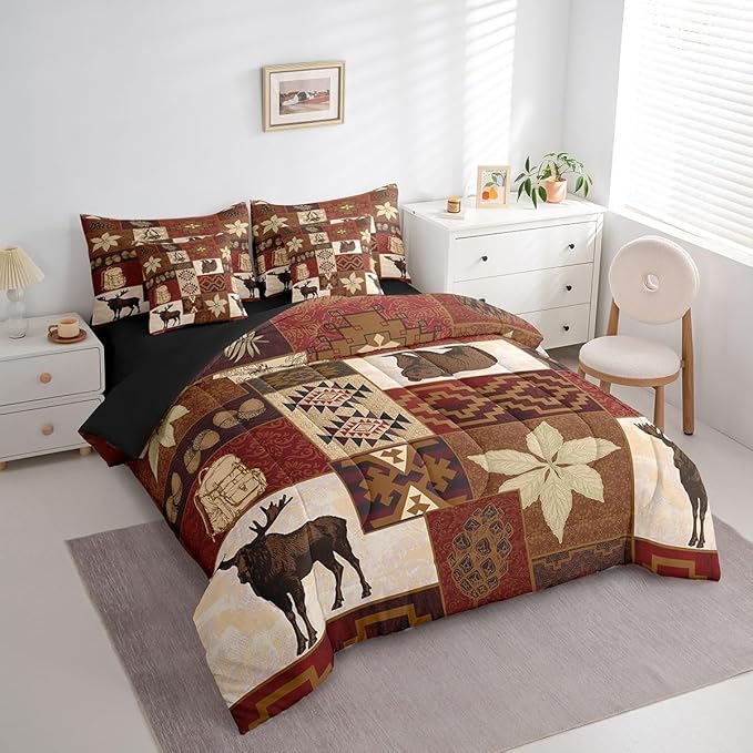 Erosebridal Buffalo Plaid 7 Piece Comforter Set Cabin Decor,Bear Elk Deer Wild Animal Bedding Sets Fall Leaves Pine Cones Bed Sheets Wildlife Hunting Theme Quilt Bohemian Floral Bed in a Bag,King