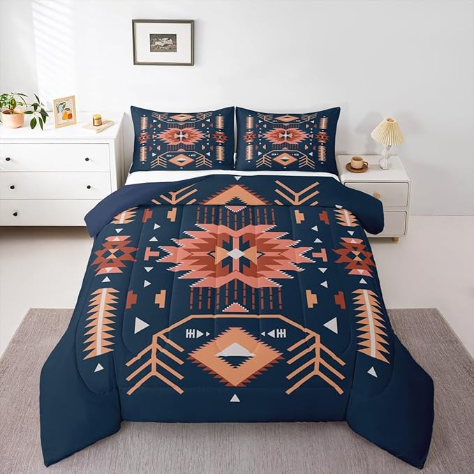 Southwest American Comforter Set Full Size Indian Tribal Aztec Style Quilt Set Vintage Navy Blue Red Bedding Set 3pcs for Kids Teens Adults Room Decor Abstract Art Duvet Insert,2 Pillowcases