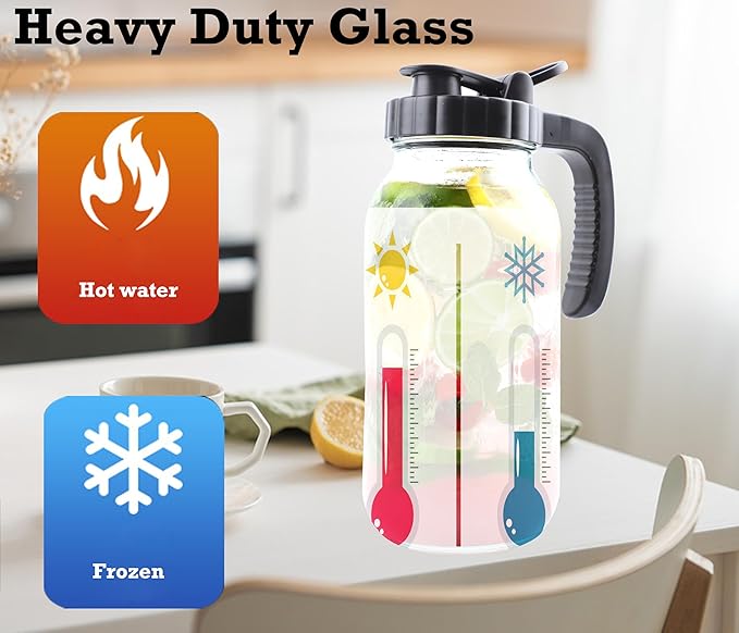 Mason Jar Pitcher 64 Oz With Handle Lid 2 Quart Sun Tea Glass Jar For Iced Hot Water 2 Set Wide Mouth Half Gallon Mason Jar Pitcher For Fridge Store Breast Milk Beverage Tea Coffee Airtight Water Jug