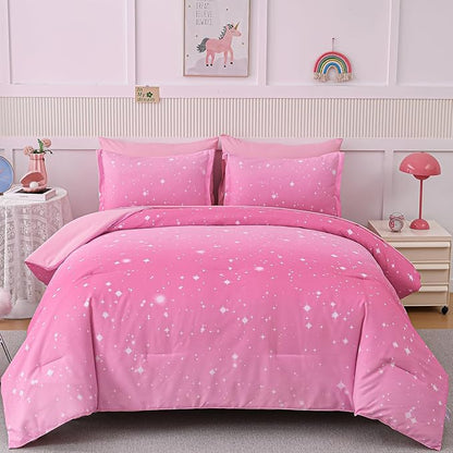 Drucon Pink Glitter Comforter Set Queen Size for Teen Girls, Ombre Galaxy Bedding Set 7 Pieces Bed in A Bag (1 Comforter, 1 Flat Sheet, 1 Fitted Sheet, 2 Pillow Shams, 2 Pillowcases)