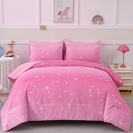 Drucon Pink Glitter Comforter Set Queen Size for Teen Girls, Ombre Galaxy Bedding Set 7 Pieces Bed in A Bag (1 Comforter, 1 Flat Sheet, 1 Fitted Sheet, 2 Pillow Shams, 2 Pillowcases)