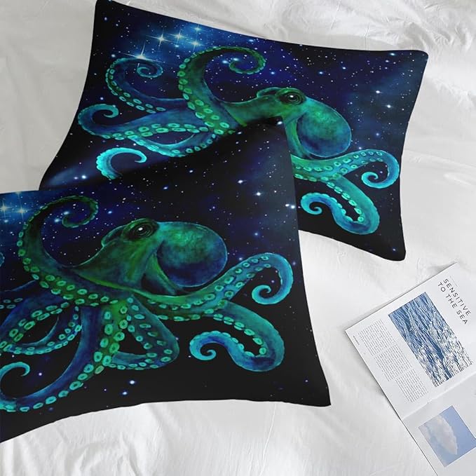 Comforter Set Full Size, Blue Octopus Sea 7 Pcs Bedding for Kids and Adults, Space Colorful Star Bed Sheet Sets with Fitted Sheet 2 Pillowcases & 2 Shams for Bedroom Bed Decor