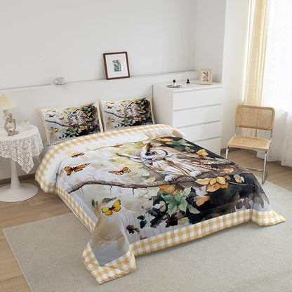 Manfei Owl Birds Kids Comforter Sets Twin,Jungle Exotic Birds Bedding Comforter Sets,Geometric Grids Quilt Sets for Boys Adult Bedroom Decor,Watercolor Butterfly Leaves Duvet Insert with 1 Pillowcase