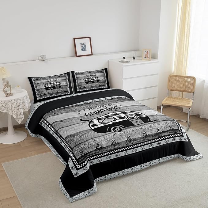 Feelyou Camper Comforter Set Queen Size Kids Happy Camping Comforter for Boys Teens Vinatge Buffalo Check Wood Grain Southwestern Bedding Set Black White Duvet Set Room Decor