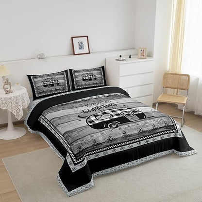 Feelyou Camper Comforter Set Full Size Kids Happy Camping Comforter for Boys Teens Vinatge Buffalo Check Wood Grain Southwestern Bedding Set Black White Duvet Set Room Decor