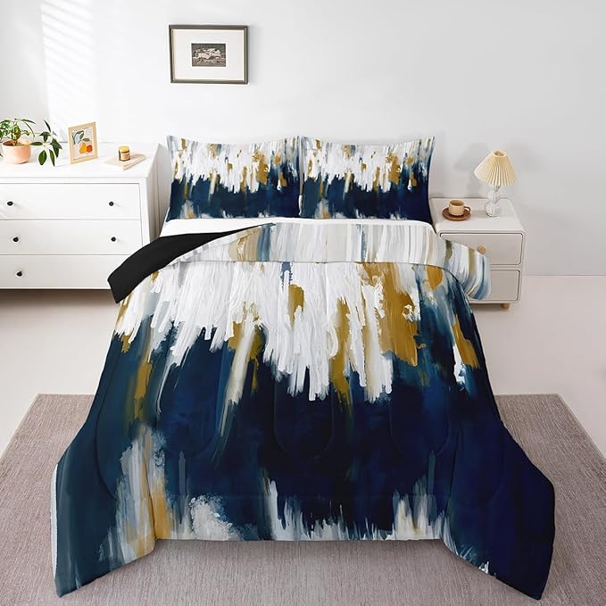 Navy Blue Comforter Set King Gradient Brush Marks Bedding Set, Watercolor Stripe Aesthetic Bedding Comforter Sets Abstract Ombre Duvet Sets, Chic Vintage Contemporary Quilted Comforter 3pcs