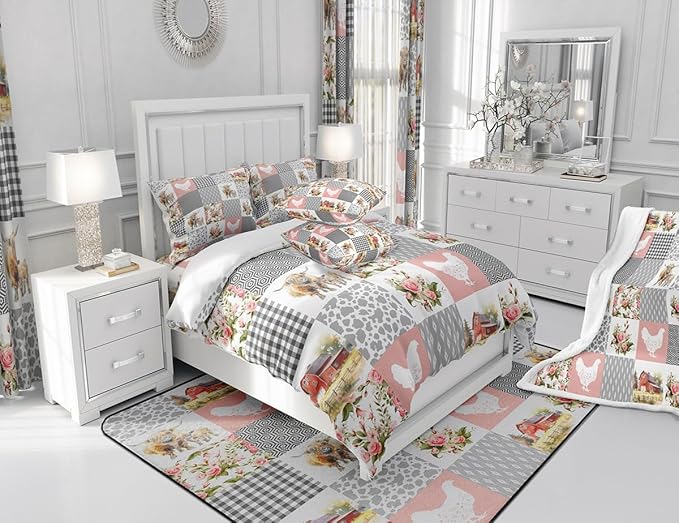 Farmhouse Barn Full Size Comforter Set,Chicken Highland Cow Flowers Grid Bedding Comforters Bedroom Collection,Rustic Pink Patchwork Geometric Bedding Set for Girls Teens