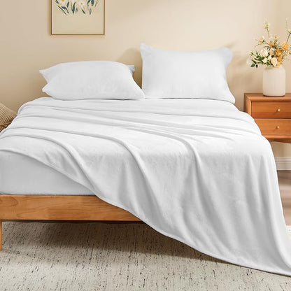 BEDELITE Flannel Sheets King Size Bright White - Super Soft Fleece Sheets Set Fluffy Extra Plush, 4 Piece(Include Fitted Sheet, Flat Sheet, 2 Pillowcases)