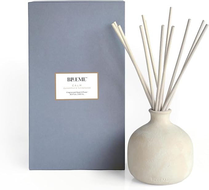 Blueme Calm Diffuser | Osmanthus & Sandalwood | 16.91 Fl Oz - Refillable Wellness Diffuser, Contains Essential Oil, Sustainable, Hand Finished, Premium, Luxury Ceramic, Natural Rattan Reeds | Large