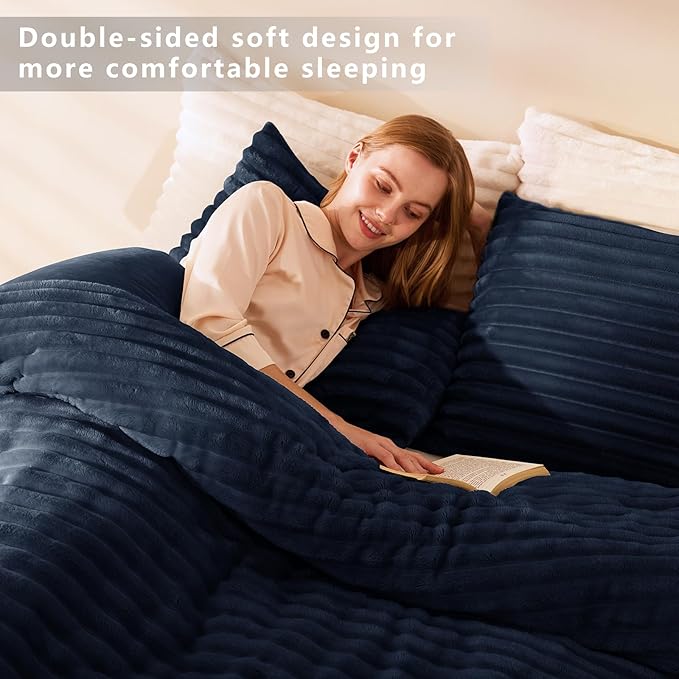 CozyLux Fluffy King Size Comforter Set - Super Soft Faux Fur Navy Blue Comforter King Size, Winter Warm Fleece Bedding Set, 3 Pieces Plush Fuzzy Bed Set (1 Shaggy Comforter, 2 Pillowcases)