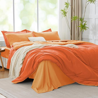 Queen Comforter Set Burnt Orange Reversible Bedding Set, 7 Pieces Soft Bed in a Bag Queen with Comforter, Sheets, Pillowcases & Shams, All Season Boho Queen Bed Set, Contrasting Design