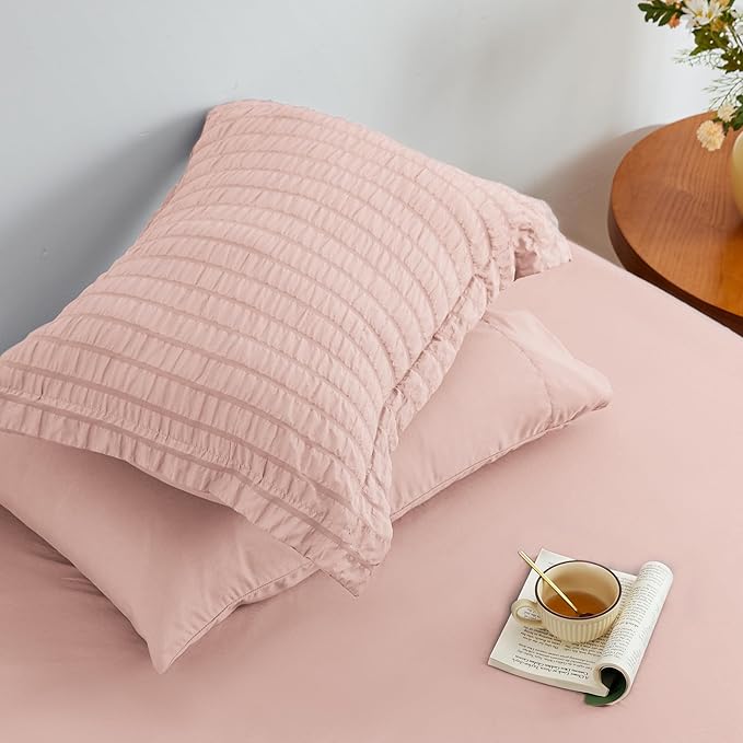 Love's cabin Seersucker Pink Full Comforter Set, 7-Piece All Season Lightweight Bed in a Bag Bedding Set with Comforter, Flat Sheet, Fitted Sheet, Pillowcases and Shams | Soft, Breathable, Lightweight