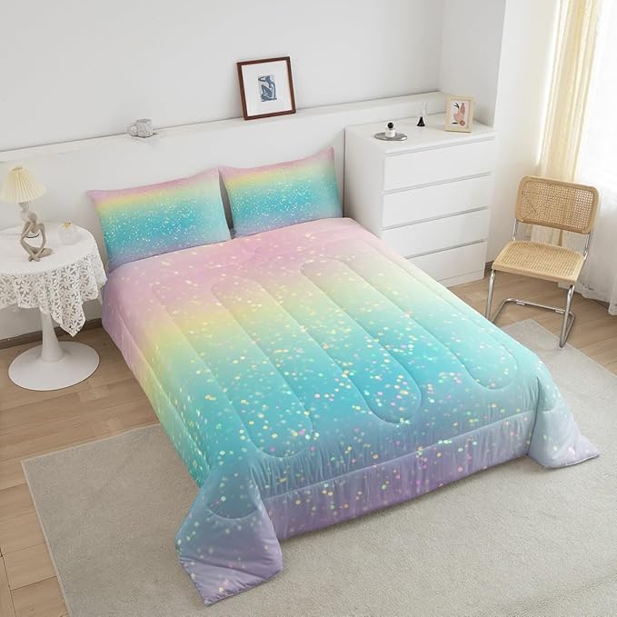 Rainbow Comforter Set King Size Tie Dye Pastel Bedding Comforter Sets for Boys Girls Kids Bedroom Decor, Glitter Galaxy Bedding Ink Pastel Printing Duvet Insert with 2 Pillowcases, Pink Blue Yellow