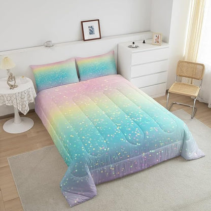 Rainbow Comforter Set King Size Tie Dye Pastel Bedding Comforter Sets for Boys Girls Kids Bedroom Decor, Glitter Galaxy Bedding Ink Pastel Printing Duvet Insert with 2 Pillowcases, Pink Blue Yellow